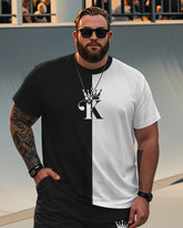 Men's Plus Size Black and White King Crown Contrast T-Shirt Shorts Suit